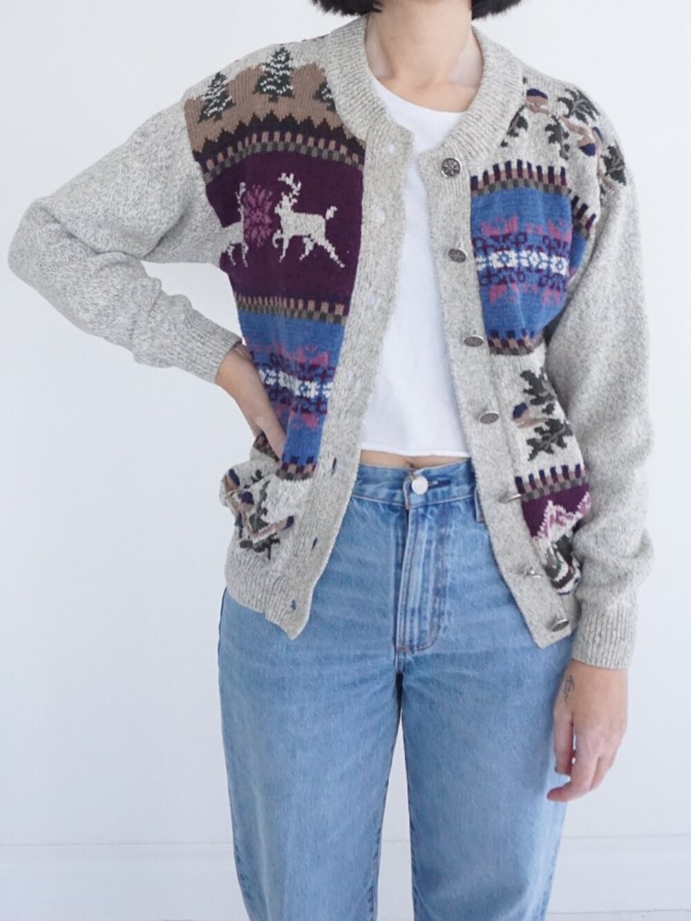 Vintage Northern Reflections Cream Deer Scenic Button Knit Cardigan Fair Isle S